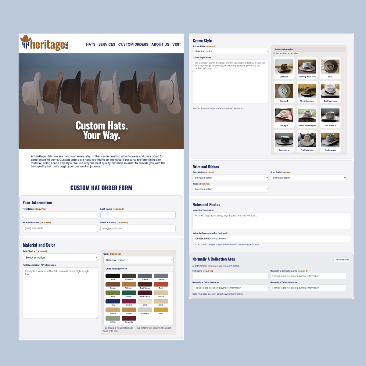 Heritage Hats detailed custom order form