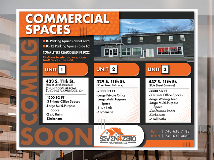 Seven 4 Zero Properties commercial listing flyer
